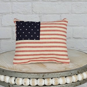 Handmade American Flag Mini Pillow for Tier Tray, Patriotic Farmhouse Flag Pillow, Primitive 4th of July Decor for Summer Table Centerpiece