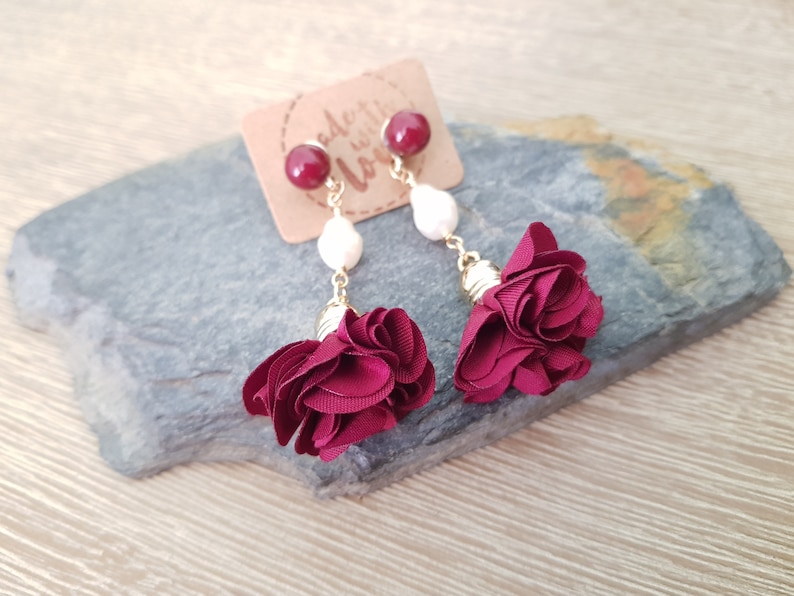 Handmade Earrings Dark Red Jewelry Burgundy Petal Tassel Freshwater Pearl Earrings Romantic Earrings Pretty Earrings Cute Earrings