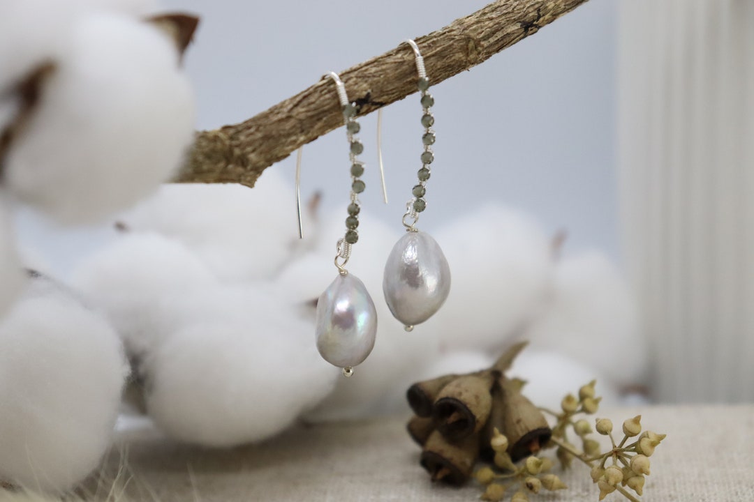 Light Grey Pearl & Stones 925 Sterling Silver Hook Earrings Etsy