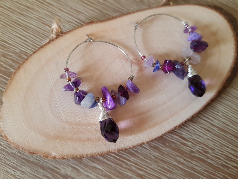 Handcrafted Jewelry Handmade Australia Handmade Jewellery Purple Irregular Natural Stone /& Teardrop Crystal Hoop Earrings Gift for her