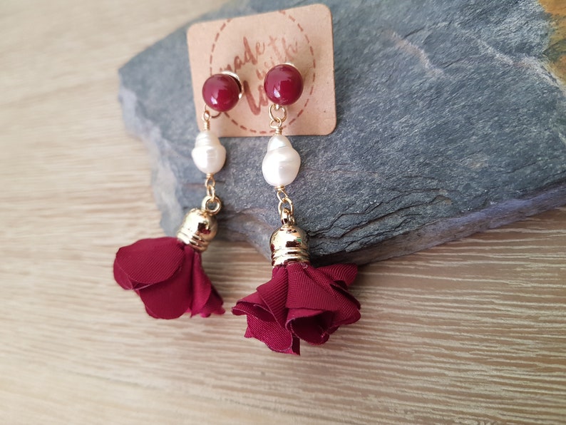 Handmade Earrings Dark Red Jewelry Burgundy Petal Tassel Freshwater Pearl Earrings Romantic Earrings Pretty Earrings Cute Earrings