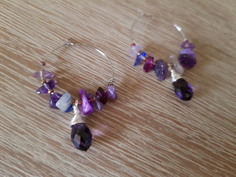 Handcrafted Jewelry Handmade Australia Handmade Jewellery Purple Irregular Natural Stone /& Teardrop Crystal Hoop Earrings Gift for her