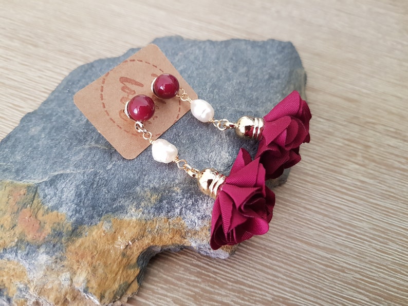 Handmade Earrings Dark Red Jewelry Burgundy Petal Tassel Freshwater Pearl Earrings Romantic Earrings Pretty Earrings Cute Earrings