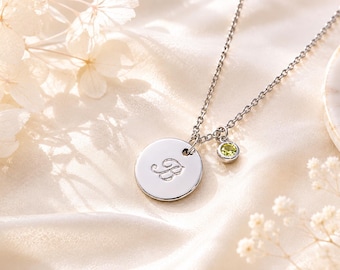 Birthstone Initial Necklace, Personalized Disc Necklace, Custom Letter Necklace, Hand Stamped Jewelry, Birthday Gift for Her