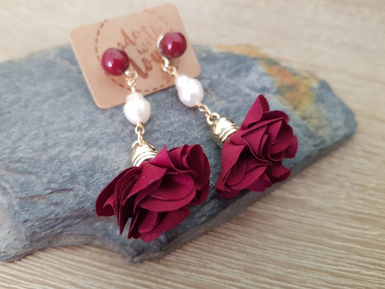 Handmade Earrings Dark Red Jewelry Burgundy Petal Tassel Freshwater Pearl Earrings Romantic Earrings Pretty Earrings Cute Earrings
