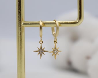 North Star Hoop Earrings, Gold Star Huggie Earrings, Dainty Celestial Earrings, Tiny Star Dangle Hoops Gift,  Matte Gold Star Huggie Earring
