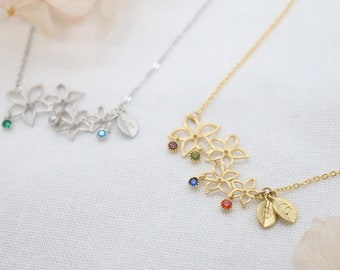 Family Mini Birthstones & Leaf Initial Charm Flower Pendant Necklace, Mini Birthstone Necklace, Tiny Birthstones Necklace, Delicate Handmade