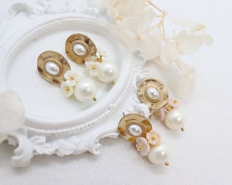 12mm White Pearl Flower Cluster Earrings, Light Pink Cherry Blossoms Crystal Pearl Drop Earrings, Lovely Earrings, Pearl & Flowers Earrings