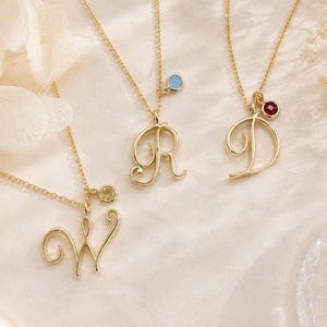 Personalized Cursive Initial Necklace with Birthstone, Large Letter Necklace, Custom Initial Pendant, Gold Letter Jewelry, Birthday Gift