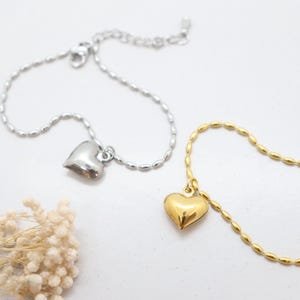 Stainless Steel Puffy Heart Bracelet, Gold or Silver Finish, Flat Ball Chain, Adjustable Bracelet, Gift for Daughter, Chubby Heart Jewelry