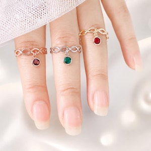 Adjustable Birthstone Ring, Twisted Open Ring with Tiny Dangle Charm, Dainty Birthstone Ring, Birthday Gift for Her, Dangle Charm Ring