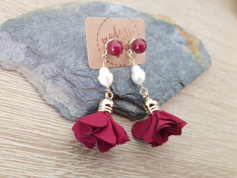 Handmade Earrings Dark Red Jewelry Burgundy Petal Tassel Freshwater Pearl Earrings Romantic Earrings Pretty Earrings Cute Earrings