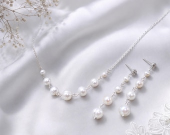 Freshwater Pearl Bridal Jewellery Set, 925 Sterling Silver Pearl Necklace and Earrings, Bridesmaid Wedding Gift, Mother Bride Gift