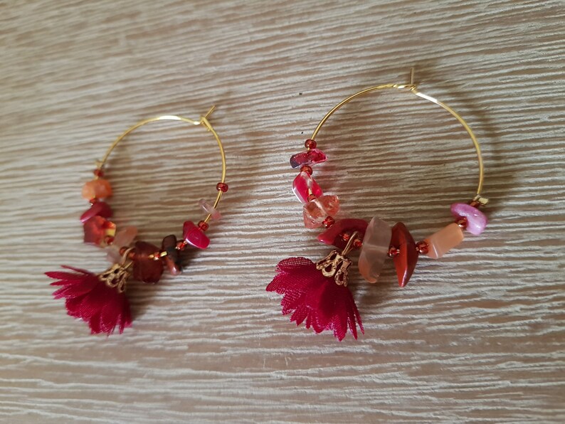 Handcrafted Jewellery Dark Red Natural Stone /& Petal Tassel Hoop Earrings Handmade Gift Cute Earrings Handmade Jewellery Gifts for her