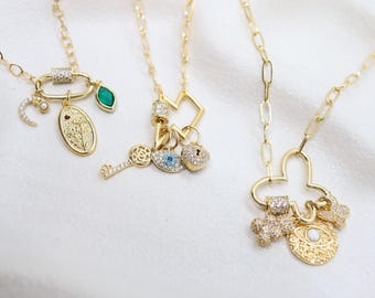 Personalized Charm Necklace, DIY Initial Necklace, CZ Starburst Necklace, Gold Carabiner Link Chain Necklace, Screw Clasp Charm Necklace
