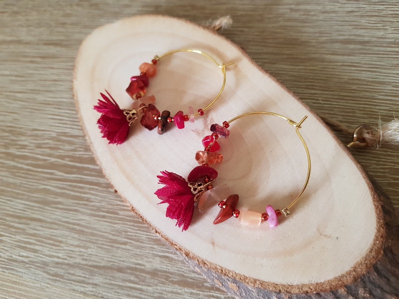 Handcrafted Jewellery Dark Red Natural Stone /& Petal Tassel Hoop Earrings Handmade Gift Cute Earrings Handmade Jewellery Gifts for her