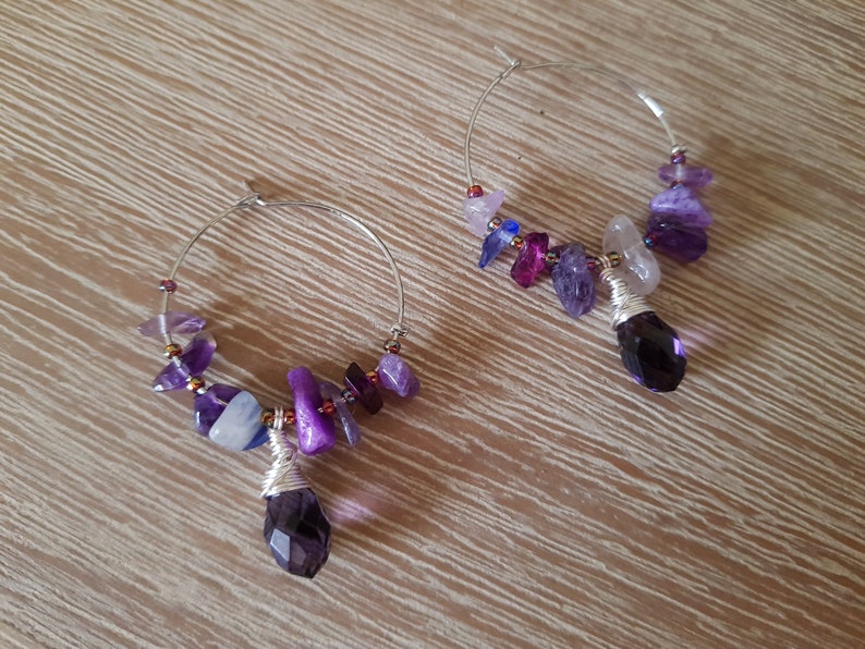 Handcrafted Jewelry Handmade Australia Handmade Jewellery Purple Irregular Natural Stone /& Teardrop Crystal Hoop Earrings Gift for her