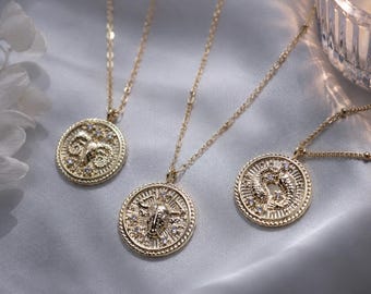 20mm Zodiac Coin Necklace, Celestial Astrology Pendant, CZ Zodiac Jewelry, Gold Astrology Necklace, Large Zodiac Coin Necklace