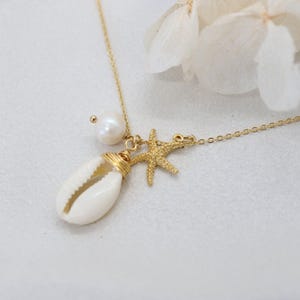 Handcrafted Boho Chic Beach Jewelry with Pearls & Starfish Ocean Dreams Necklace Cowrie Shell Pendant with Pearls Handmade Bohemian Jewelry