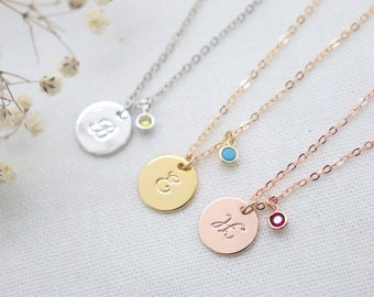 Hand Stamping Disc Initial Necklace, Personalised Initial & Birthstone  Necklace, Initial Necklace, Custom Initial Jewellery, Letter charm