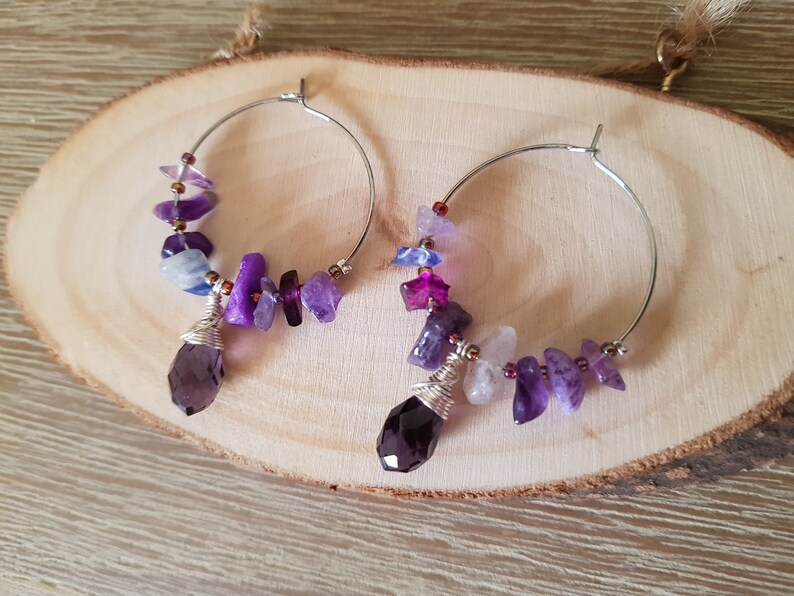 Handcrafted Jewelry Handmade Australia Handmade Jewellery Purple Irregular Natural Stone /& Teardrop Crystal Hoop Earrings Gift for her