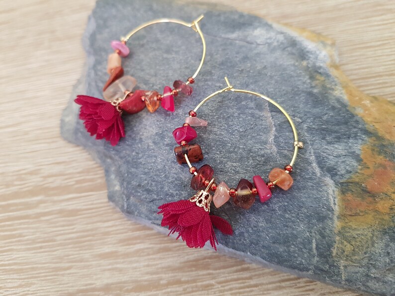Handcrafted Jewellery Dark Red Natural Stone /& Petal Tassel Hoop Earrings Handmade Gift Cute Earrings Handmade Jewellery Gifts for her