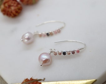 Light Pink Pearl & Stones 925 Sterling Silver Hook Earrings, Unique Pink Stones Jewellery, Gorgeous Pearl Earrings, Pretty Silver Earrings