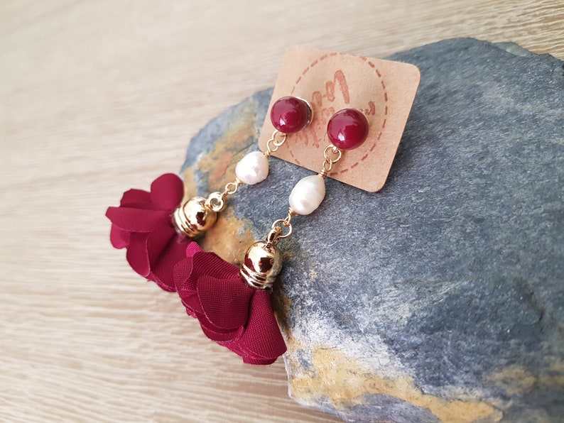 Handmade Earrings Dark Red Jewelry Burgundy Petal Tassel Freshwater Pearl Earrings Romantic Earrings Pretty Earrings Cute Earrings