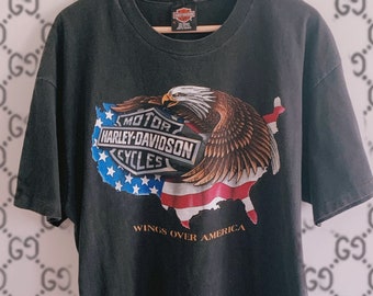 Harley Shirt USA Vintage Eagle American Flag Classic Wings Over