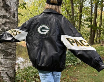 Vintage 90s Green Bay Packers Jacket Leather Champion Zip up Coat