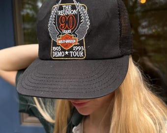 SÄLLSYNT 1993 Vintage Harley Davidson truckerkeps motorcykel trendig klassisk svart guld USA amerikansk basebollkeps