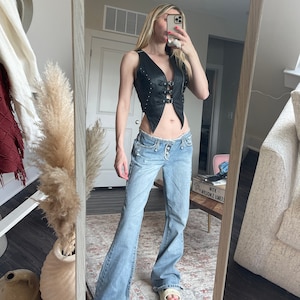 Leather halter top vintage silver buckles 80s sexy Harley Davidson motorcycle top button genuine leather