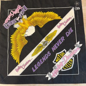 Vintage Harley Davidson bandana legends never die eagle motorcycle USA freedom racing head scarf hanker chief 1980s