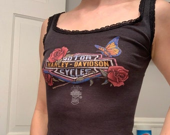 Rare Vintage Harley Davidson tank top crop top butterflies lace rose 1980s classic authentic motorcycle festival Tiktok coachella cropped