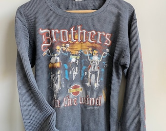 SUPER rare 1980s Brothers in the Wind Vintage Harley Davidson waffle thermal vintage long sleeve shirt 1990s soft classic eagle USA trendy