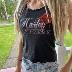 Vintage Harley Davidson tank top lace rose 1980s classic authentic festival Tiktok coachella cropped