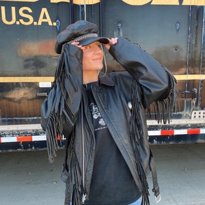 RARE Vintage leather fringe jacket amazing classic beautiful Harley Davidson conchos tiger king motorcycle sturgis black genuine leather XL