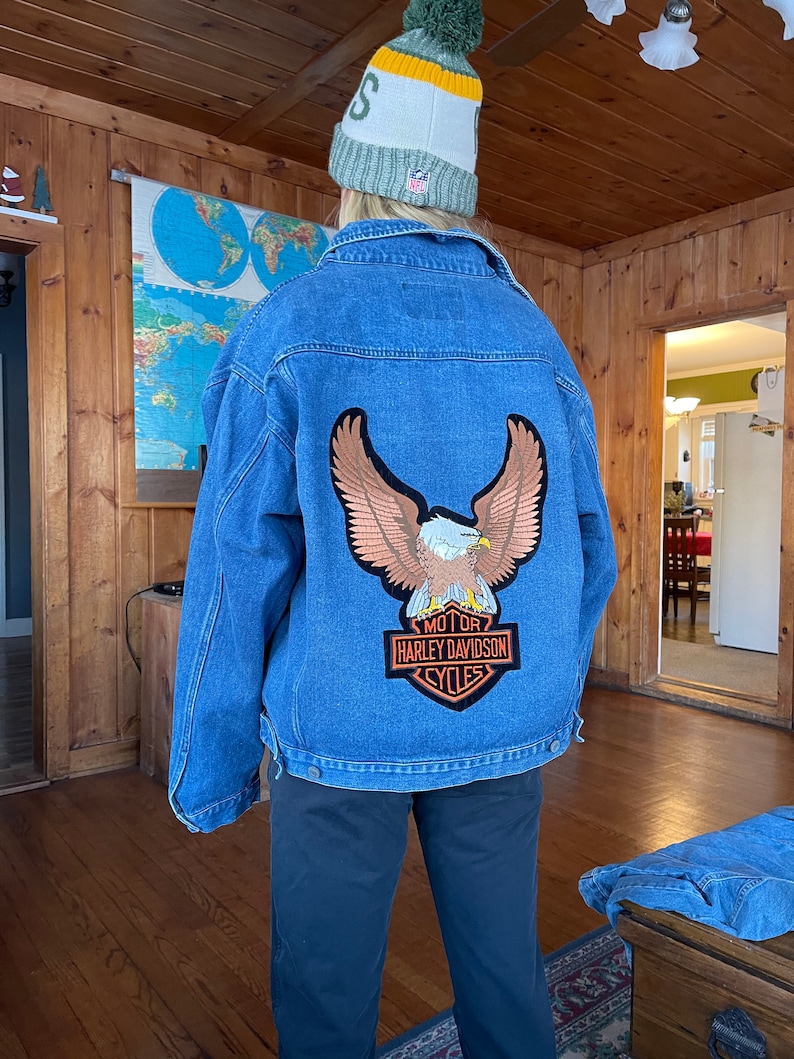 Vintage Harley Davidson patch eagle jean jacket denim motorcycle authentic wear distressed pins 90s patches