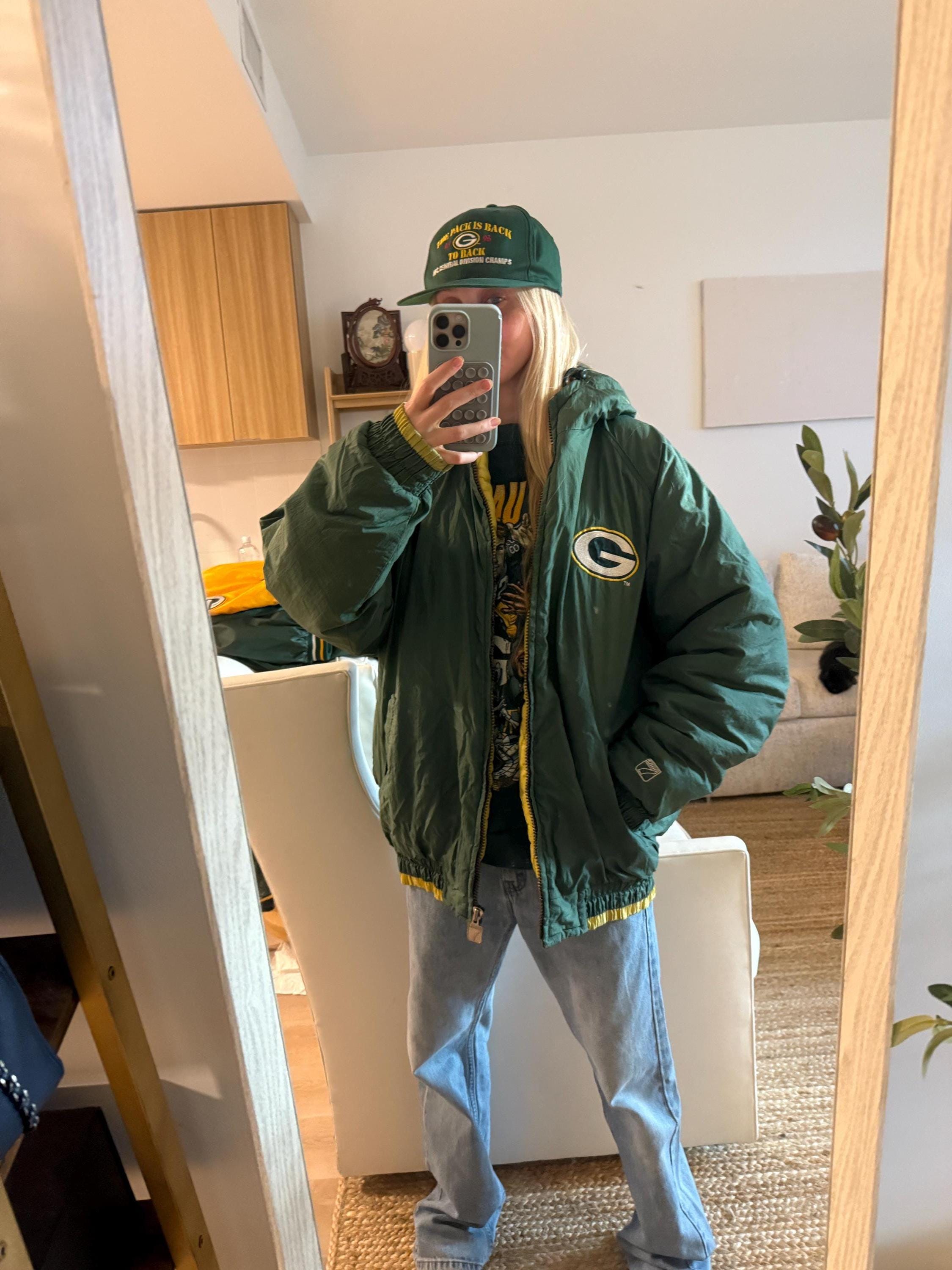 Vintage 90s Green Bay Packers Puffer Jacket Zip up Pull Over