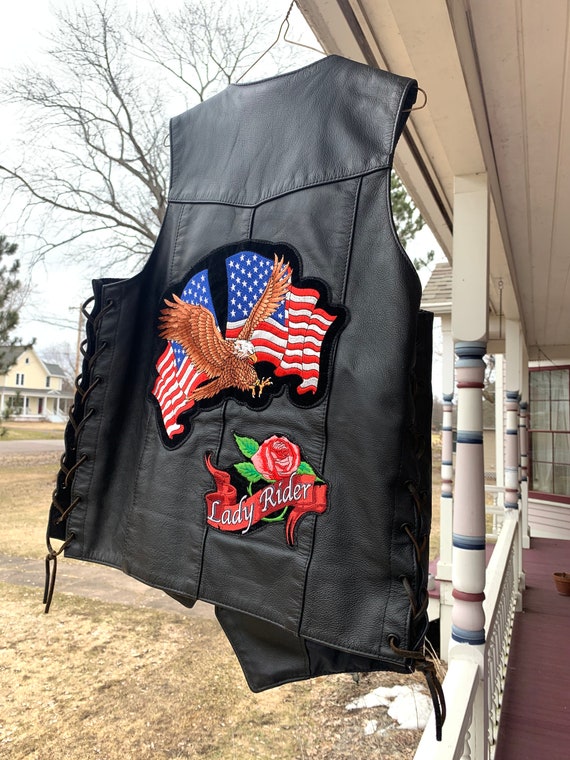 Leather motorcycle vest USA Harley Davidson pins patc… Gem