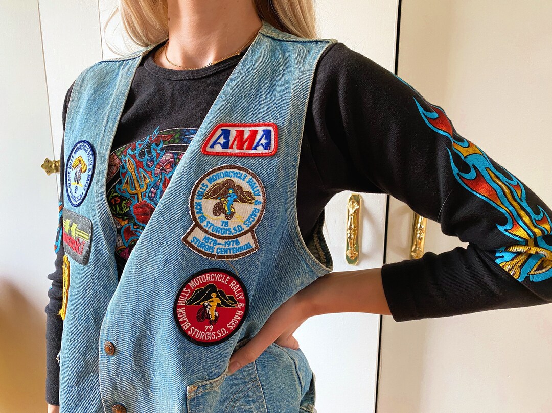 1970s Vintage Denim Vest Levi Harley Motorcycle Sturgis Patches