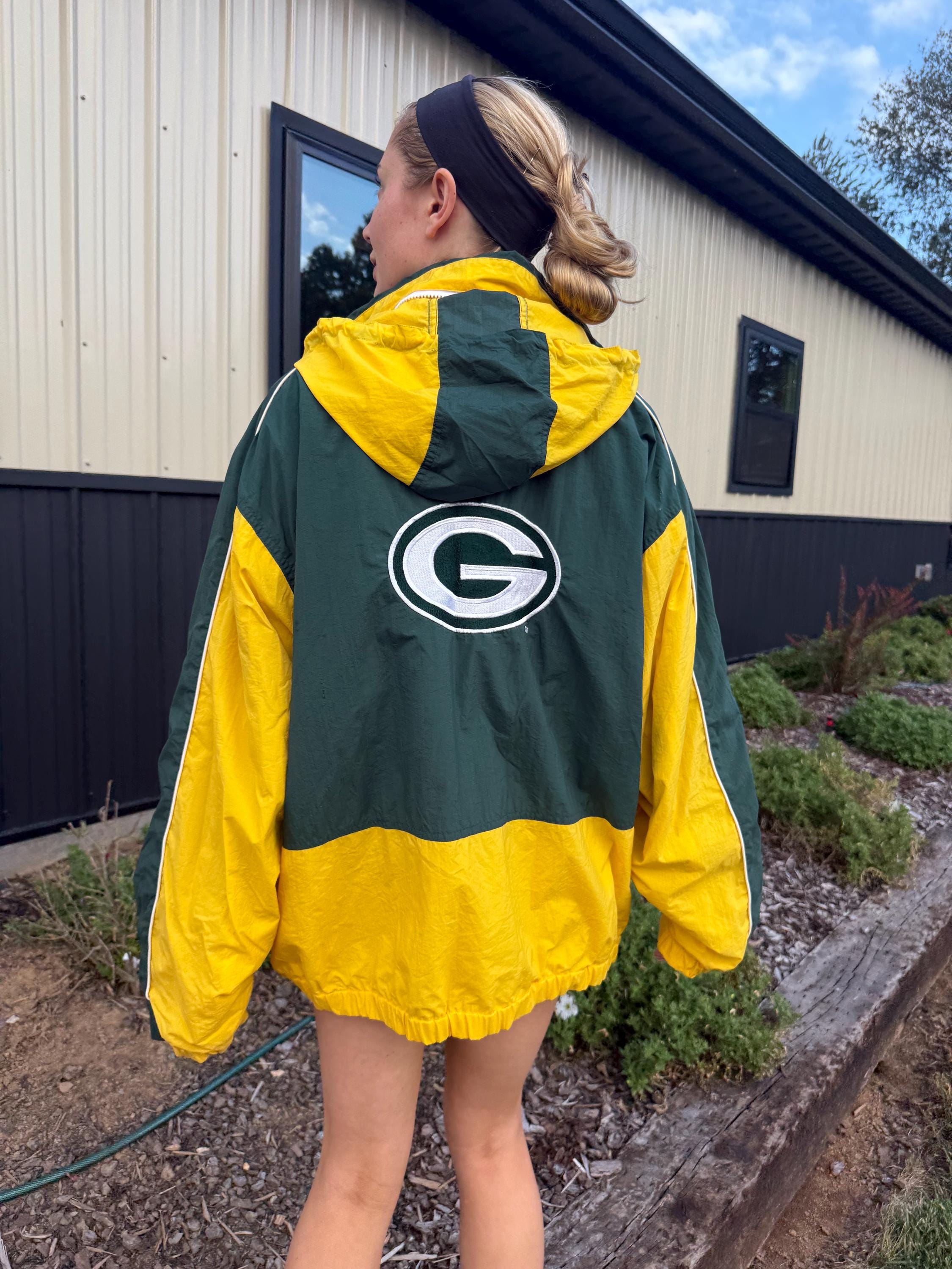 Vintage 90s Green Bay Packers Jacket Zip up Coat Hood Packer