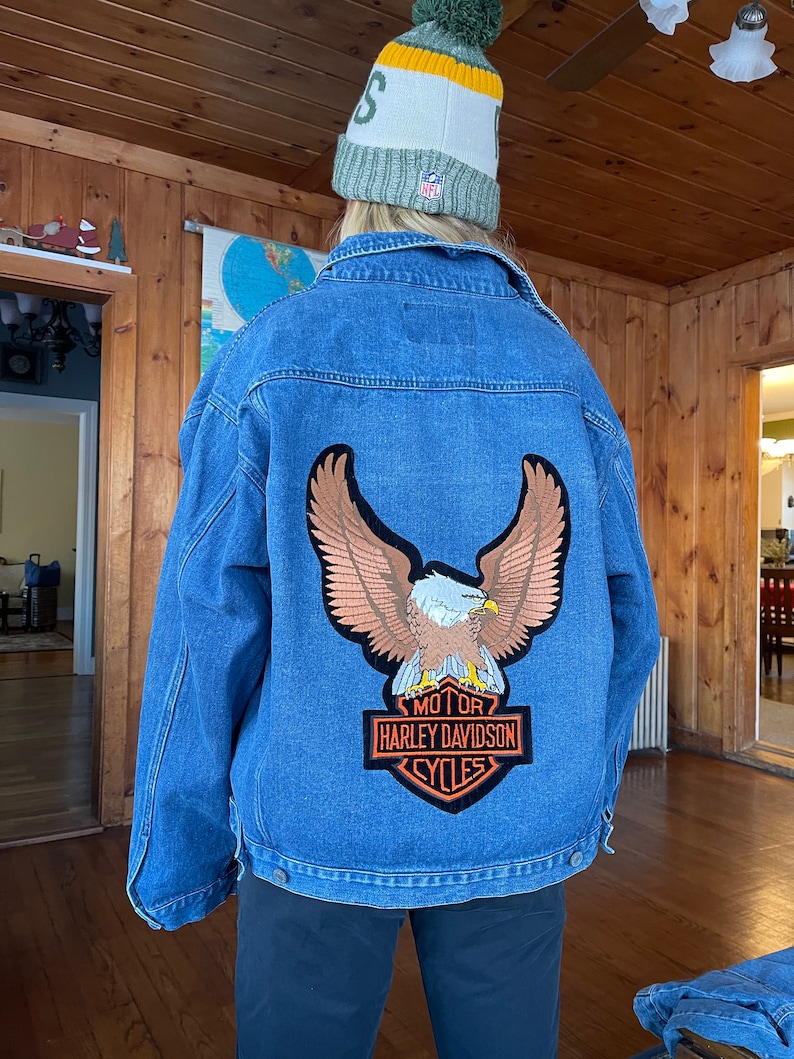 Vintage Harley Davidson patch eagle jean jacket denim motorcycle authentic wear distressed pins 90s patches