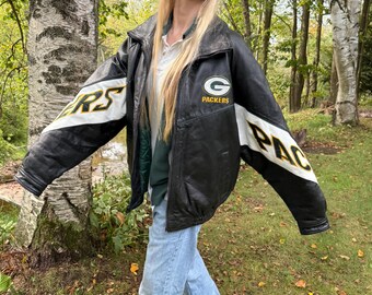 Vintage 90s Green Bay Packers Jacket Leather Champion Zip up Coat