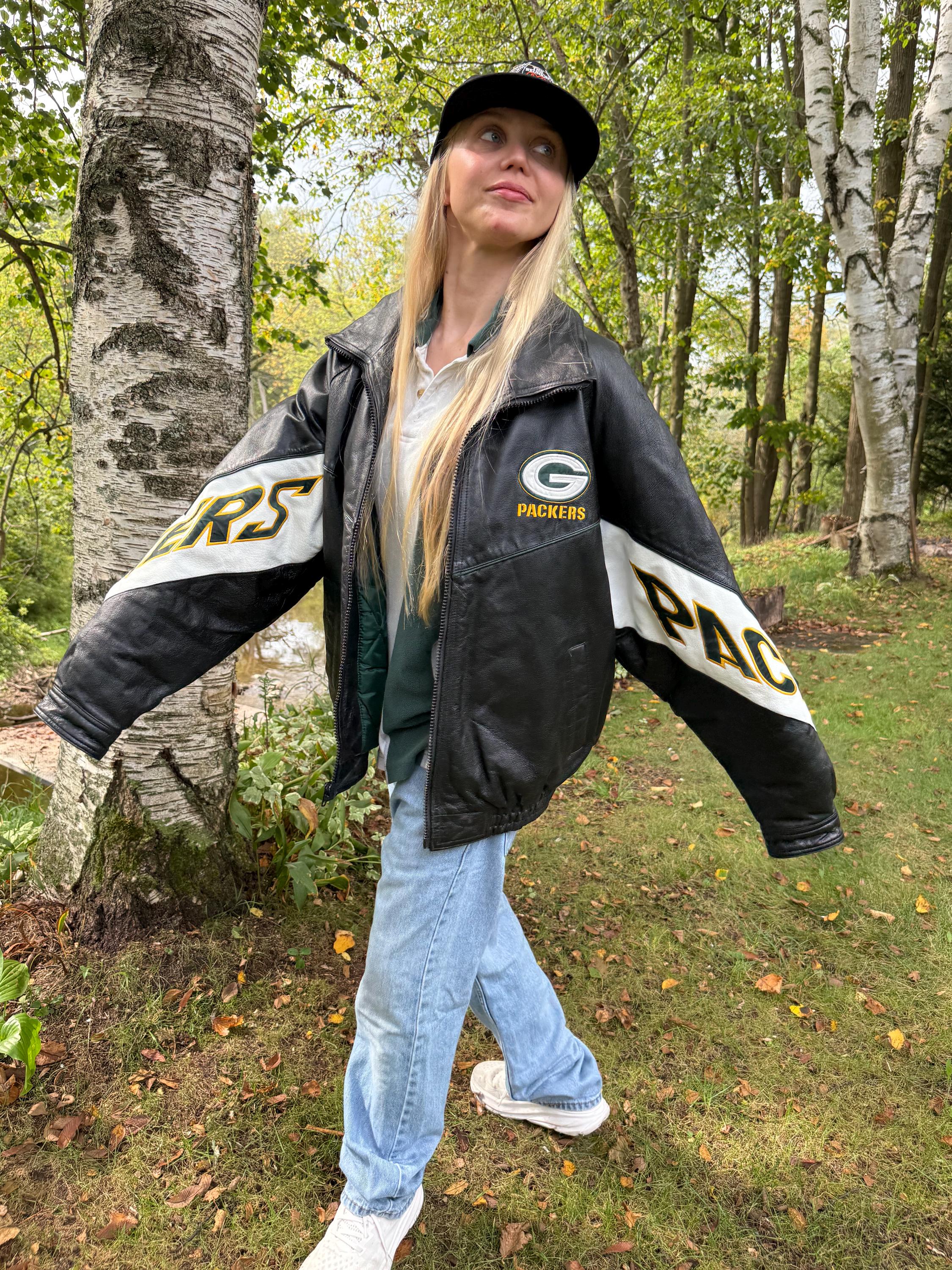 Vintage 90s Green Bay Packers Jacket Leather Champion Zip up Coat
