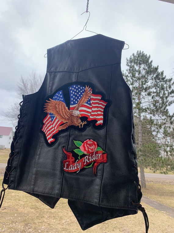 Leather motorcycle vest USA Harley Davidson pins patc… Gem