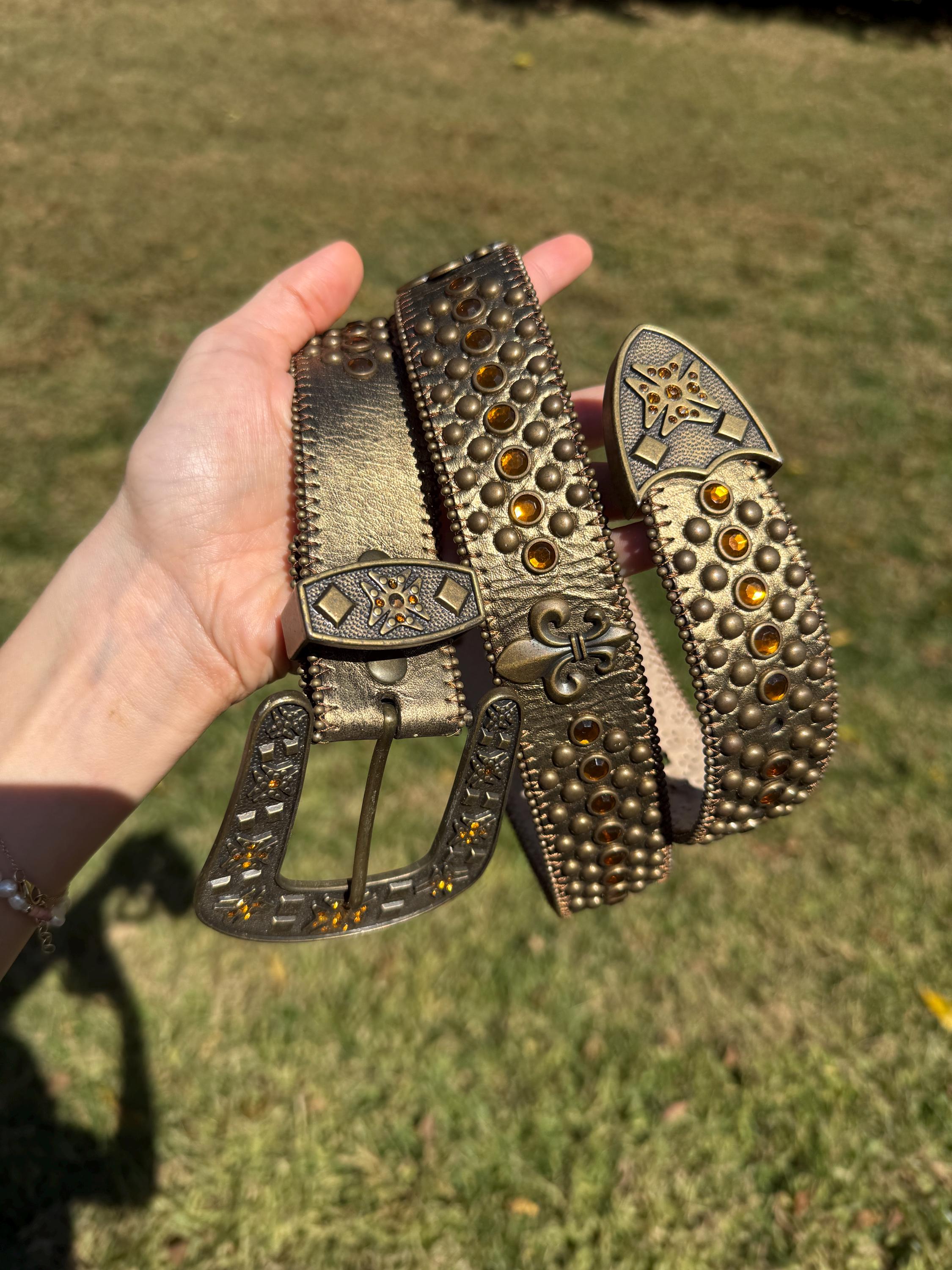 Western Rhinestone studded Gold metallic Grommet Cowgirl Rodeo Belt Snap close Snap On Western Cowgirl Rhinestone Studded Metallic Leather  main image 3