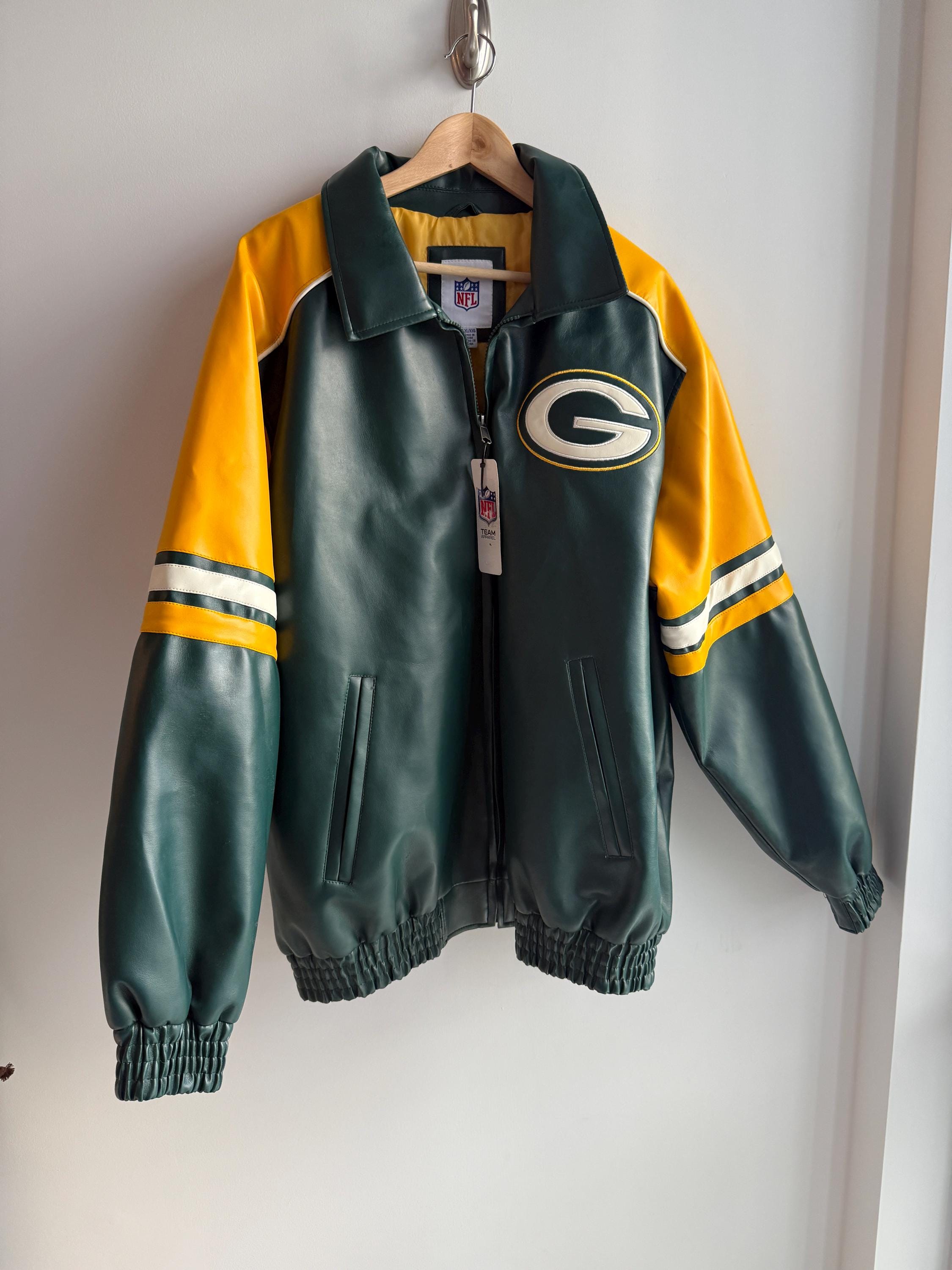 Vintage 90s Green Bay Packers Jacket Vegan Leather Champion Zip up