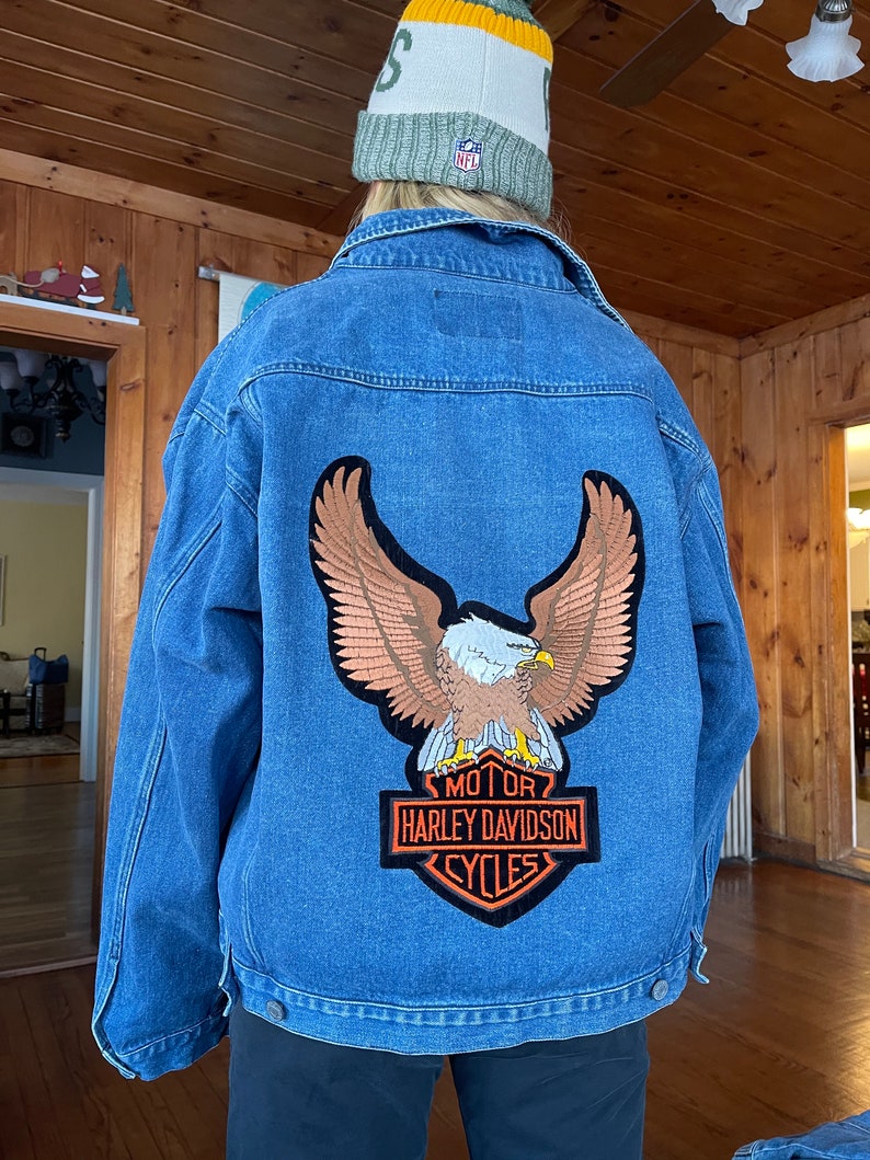 Vintage Harley Davidson patch eagle jean jacket denim motorcycle authentic wear distressed pins 90s patches