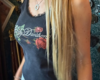 RARE Vintage Harley Davidson tank top crop top butterflies lace rose 1980s classic authentic motorcycle festival Tiktok coachella cropped